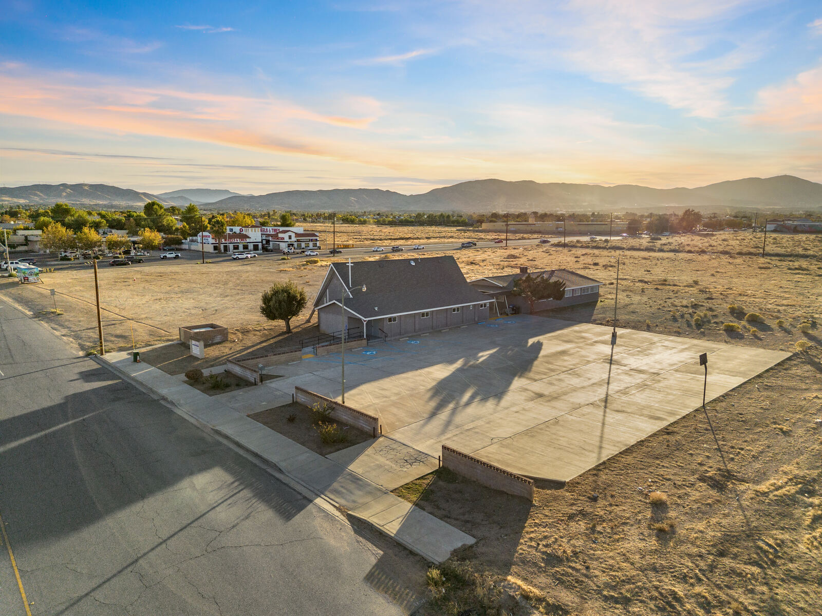Aerial view of Refuge City Church and the surrounding Antelope Valley